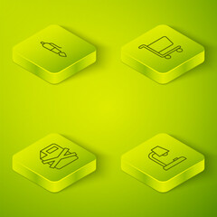 Poster - Set Isometric line Shopping cart, Delete file document, Table lamp and Fountain pen nib icon. Vector