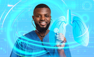 Aufkleber - Handsome black doctor touch hologram of human heart with stethoscope