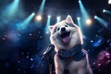 Talented Dog, Professional Musician Performing In Neon Light. The Concept Of Music, Hobby, Festival, Modern Art Collage. Copy Space.