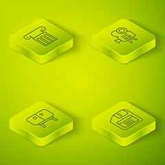 Poster - Set Isometric line Retro cinema camera, TV table stand, Floppy disk and Ancient column icon. Vector