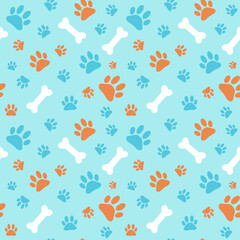 Seamless pattern for pet shop with blue background. Bright print for clothes or accessories for dogs with paw and bone vector