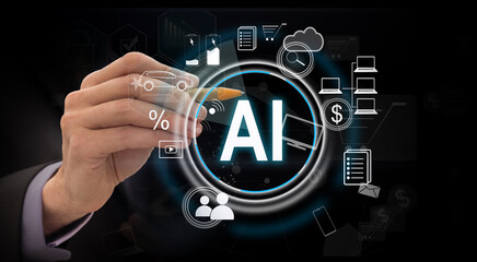 Poster - Futuristic robot artificial intelligence revolutionary AI technology development and machine learning concept. Global robotic bionic science research for future of human life. 3D rendering graphic.