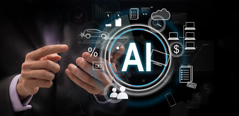 Aufkleber - Technology and people concept man use AI to help work, AI Learning and Artificial Intelligence Concept. Business, modern technology, internet and networking concept. AI technology in everyday life.