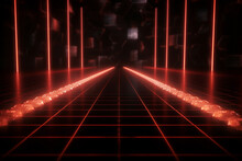 Dark Tunnel With Red Lights In The Background. Atmosphere Of Mystery And Intrigue. Immersed In Darkness, Is Illuminated By Red Lights, Creating A Dramatic And Tense Effect