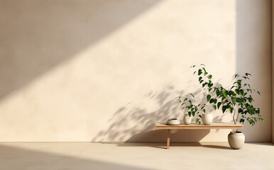 Wall Mural - Minimalist Oasis: Modern Interior with Beige Wallpaper and a Shelf Adorned with Stylish Plant Pots