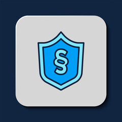 Sticker - Filled outline Justice law in shield icon isolated on blue background. Vector