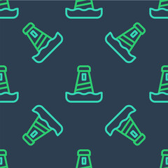 Sticker - Line Lighthouse icon isolated seamless pattern on blue background. Vector