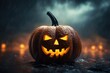 creepy smile halloween pumpkin on rainy weather, shallow fog in the background, spooky background for the holiday season, generated by ai
