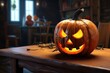 carved spooky pumpkin on a kitchen table, scary halloween decoration, generated by AI
