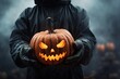 mysterious person in black robe holding a creepy smile halloween pumpkin, spooky background for the holiday season, generated by ai