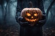 mysterious person in black robe holding a creepy smile halloween pumpkin, spooky background for the holiday season, generated by ai