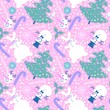 © Tetiana - Cartoon new year seamless Christmas tree and snowman and candy and mistletoe pattern for wrapping paper