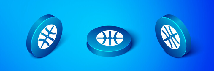 Poster - Isometric Basketball ball icon isolated on blue background. Sport symbol. Blue circle button. Vector