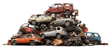 Pile Of Scrap Waste Of Cars For Recycling. Isolated Transparent Background
