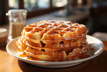 Delicious stack of waffles with syrup