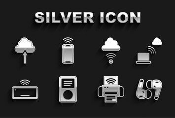 Poster - Set Music player, Network cloud connection, Air headphones, Smart printer system, Computer keyboard, Cloud upload and Mobile with wi-fi wireless icon. Vector