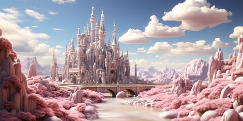 Sticker - Magic pastel pink landscape with fairytale castle in a cotton candy world, generative AI