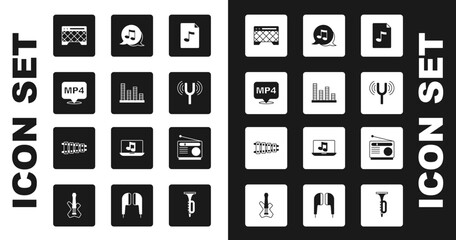 Sticker - Set MP3 file document, Music equalizer, MP4, Guitar amplifier, Musical tuning fork, note, tone, Radio and Xylophone icon. Vector