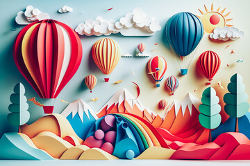 creative paper art of sun clouds and rainbow hot air balloons. generative ai