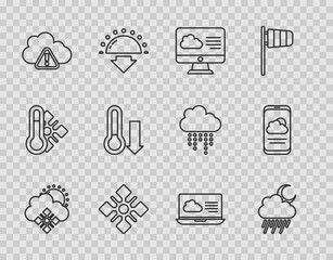 Sticker - Set line Cloud with snow and sun, rain moon, Weather forecast, Snowflake, Storm warning, Meteorology thermometer, and icon. Vector