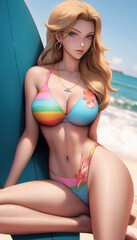 A sexy and beautiful girl with a beautiful body in a swimsuit poses on a surfboard, on the shore of a sandy beach. Created with AI.