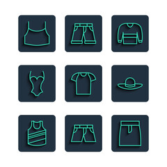 Canvas Print - Set line Undershirt, Short or pants, Skirt, Sweater, T-shirt, Swimsuit, Female crop top and Elegant women hat icon. Vector