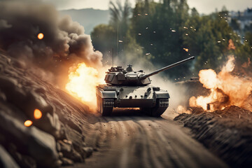 WAR SERIES, Tank Under Fire on Road in Extreme Battle, created with Generative AI technology