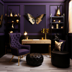 Purple home office, armchair, wooden table, modern interior design.