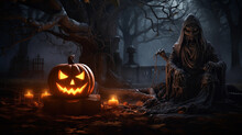 Halloween Pumpkin And Candles With A Monster On A Graveyard. Generative AI