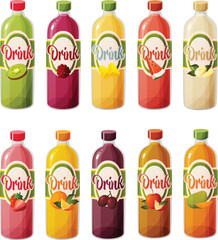 Cute vector illustration of various healthy organic fruit juices in glass bottles.