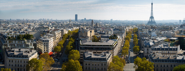 Wall Mural - Cityscape of Paris with the Eiffel Tower and apartment buildings aerial view, France