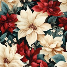 A Seamless Pattern Of Red And White Poinsettia Blooms. Generative AI. 