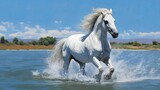 Fototapeta Konie - White horse on the beach. AI generated art illustration.