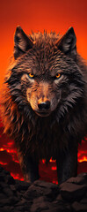 Wall Mural - A beautiful image of a wolf with a red light. Dramatic tone.AI generated image.