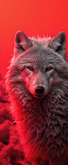Wall Mural - A beautiful image of a wolf with a red light. Dramatic tone.AI generated image.