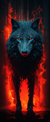 Wall Mural - A beautiful image of a wolf with a red light. Dramatic tone.AI generated image.