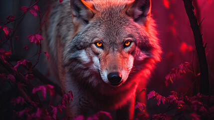 Wall Mural - A beautiful image of a wolf with a red light. Dramatic tone.AI generated image.