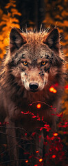 Wall Mural - A beautiful image of a wolf with a red light. Dramatic tone.AI generated image.