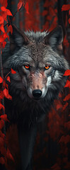 Wall Mural - A beautiful image of a wolf with a red light. Dramatic tone.AI generated image.
