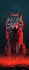Wall Mural - A beautiful image of a wolf with a red light. Dramatic tone.AI generated image.