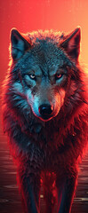 Wall Mural - A beautiful image of a wolf with a red light. Dramatic tone.AI generated image.