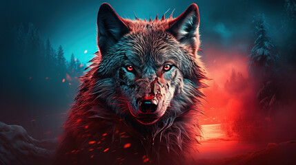 Wall Mural - A beautiful image of a wolf with a red light. Dramatic tone.AI generated image.