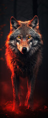 Wall Mural - A beautiful image of a wolf with a red light. Dramatic tone.AI generated image.