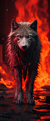 Wall Mural - A beautiful image of a wolf with a red light. Dramatic tone.AI generated image.