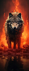 Wall Mural - A beautiful image of a wolf with a red light. Dramatic tone.AI generated image.