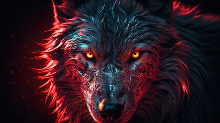 Wall Mural - A beautiful image of a wolf with a red light. Dramatic tone.AI generated image.