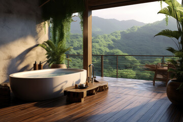 Modern minimal outdoor bathroom terrace with beige cozy tone style and mountain forest view outside, decorate with wooden decor, bathtub, sink, towels, and brown tone background, with Generative Ai.