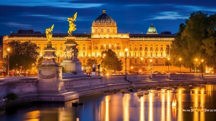 Pallas Athene Brunnen Vienna night summer view with lights at night