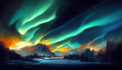 night forest and northern lights. painting in the style of impressionism. imitation of oil painting.