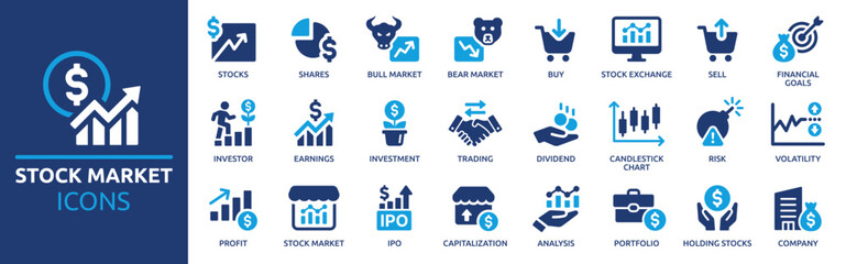 stock market icon set. containing stocks, stock exchange, financial goal, shares, investment, bull m